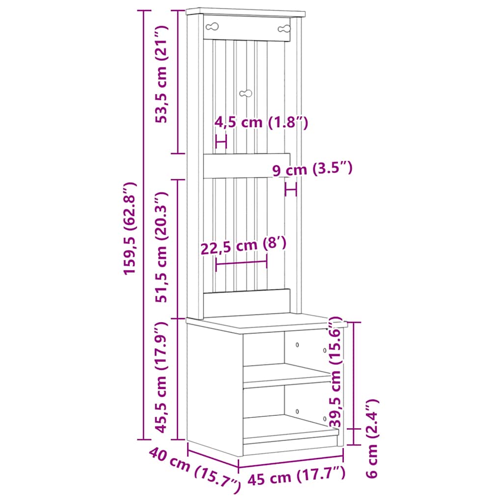 Hall Tree Sandnes 45X40X159.5 Cm Solid Wood Pine