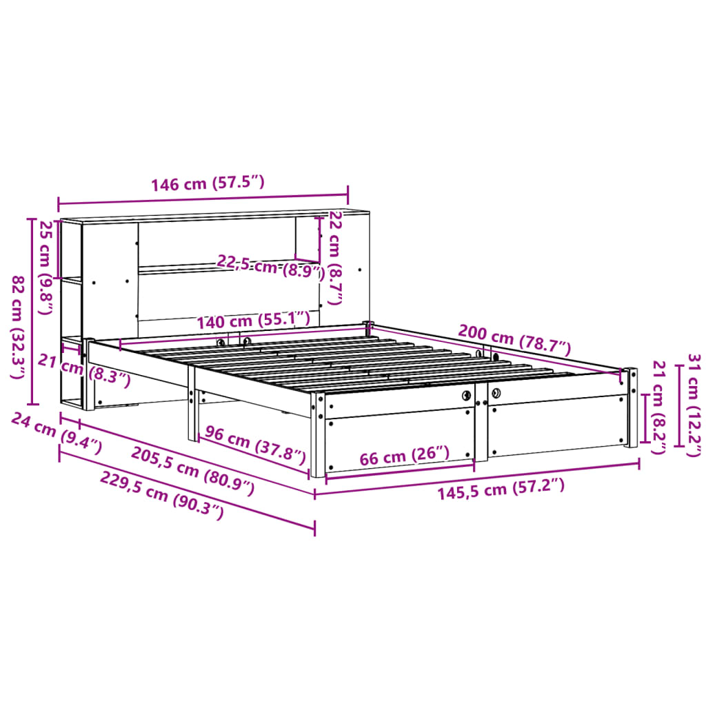 Bookcase Bed Without Mattress White 140X200Cm Solid Wood Pine
