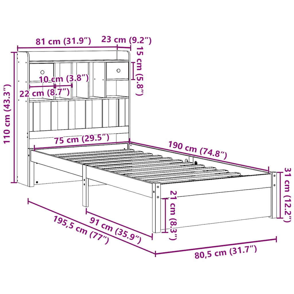 Bed Frame Bookcase Without Mattress 75X190Cm Small Single Solid Wood Pine White