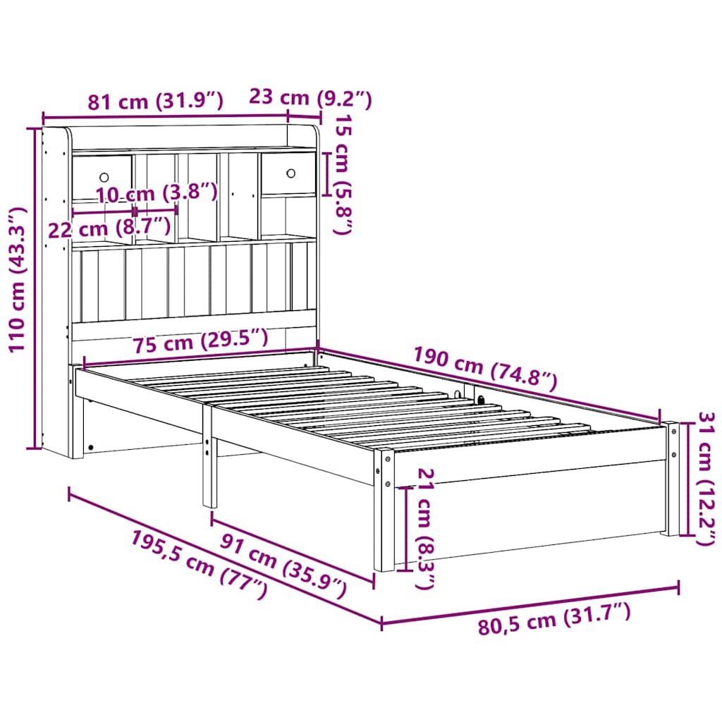 Bookcase Bed Without Mattress 75X190Cm Small Single Solid Wood Pine