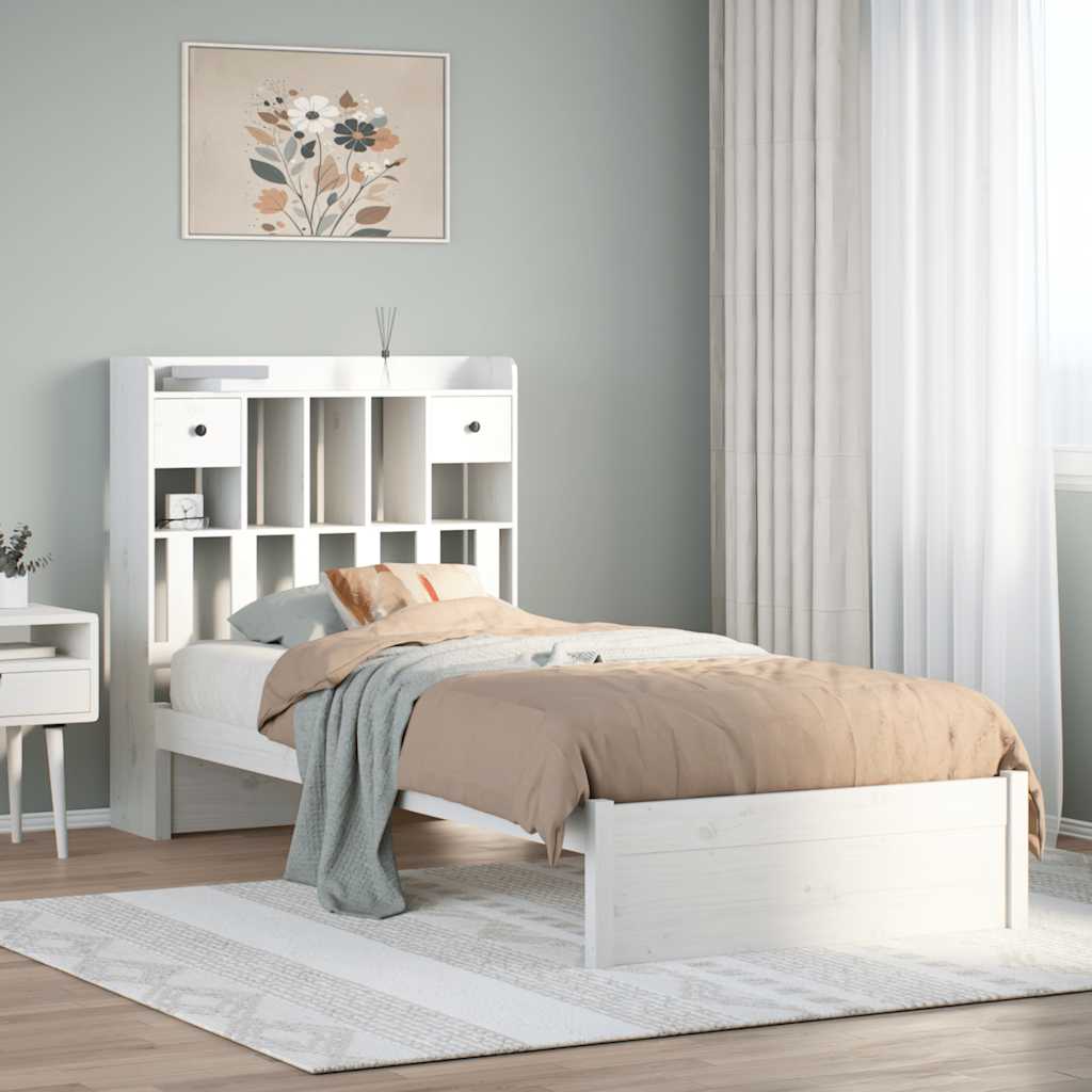 Bed Frame Bookcase Without Mattress 75X190Cm Small Single Solid Wood Pine White