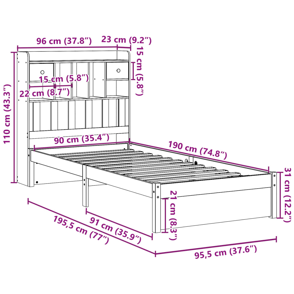 Bookcase Bed Without Mattress 90X190Cm Single Solid Wood Pine