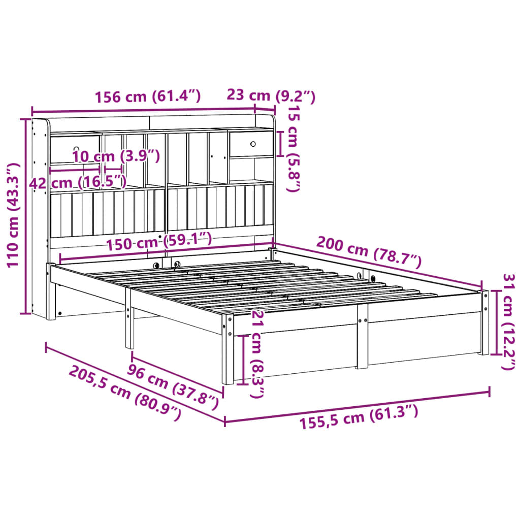 Bookcase Bed Without Mattress White 150X200Cm King Size Solid Wood Pine