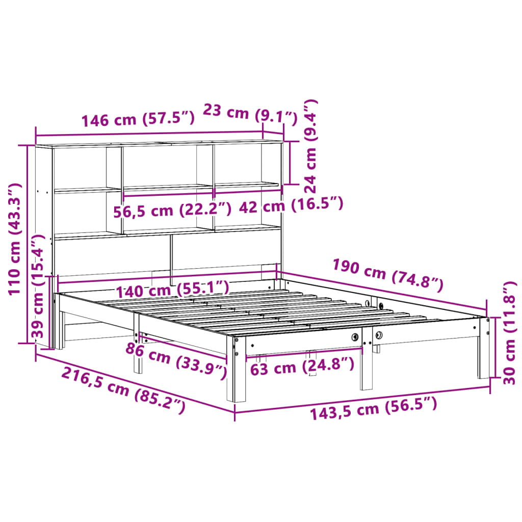 Bookcase Bed Without Mattress 140X190Cm Solid Wood Pine