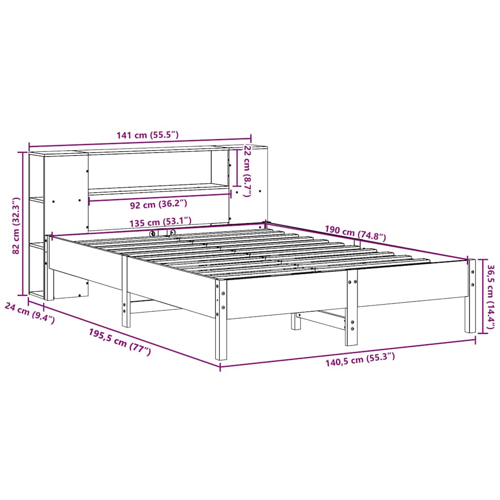 Bookcase Bed Without Mattress 135X190 Cm Double Solid Wood Pine