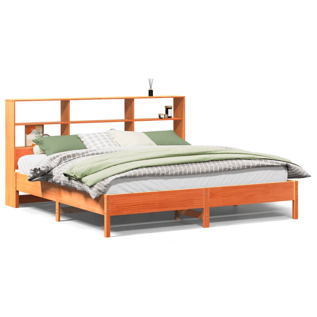 Bed Frame Bookcase Without Mattress 200X200Cm Solid Wood Pine wax brown natural