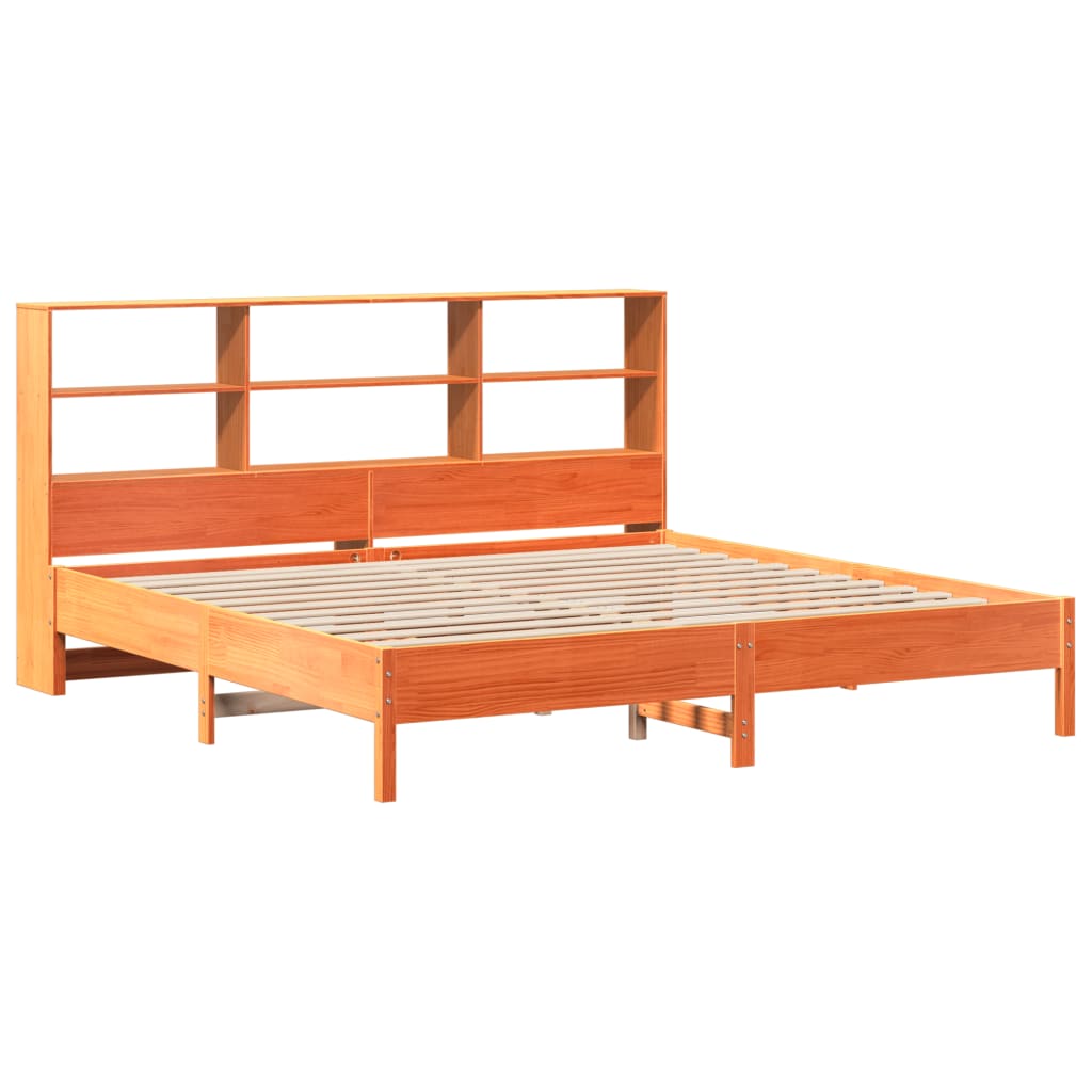 Bed Frame Bookcase Without Mattress 200X200Cm Solid Wood Pine wax brown natural