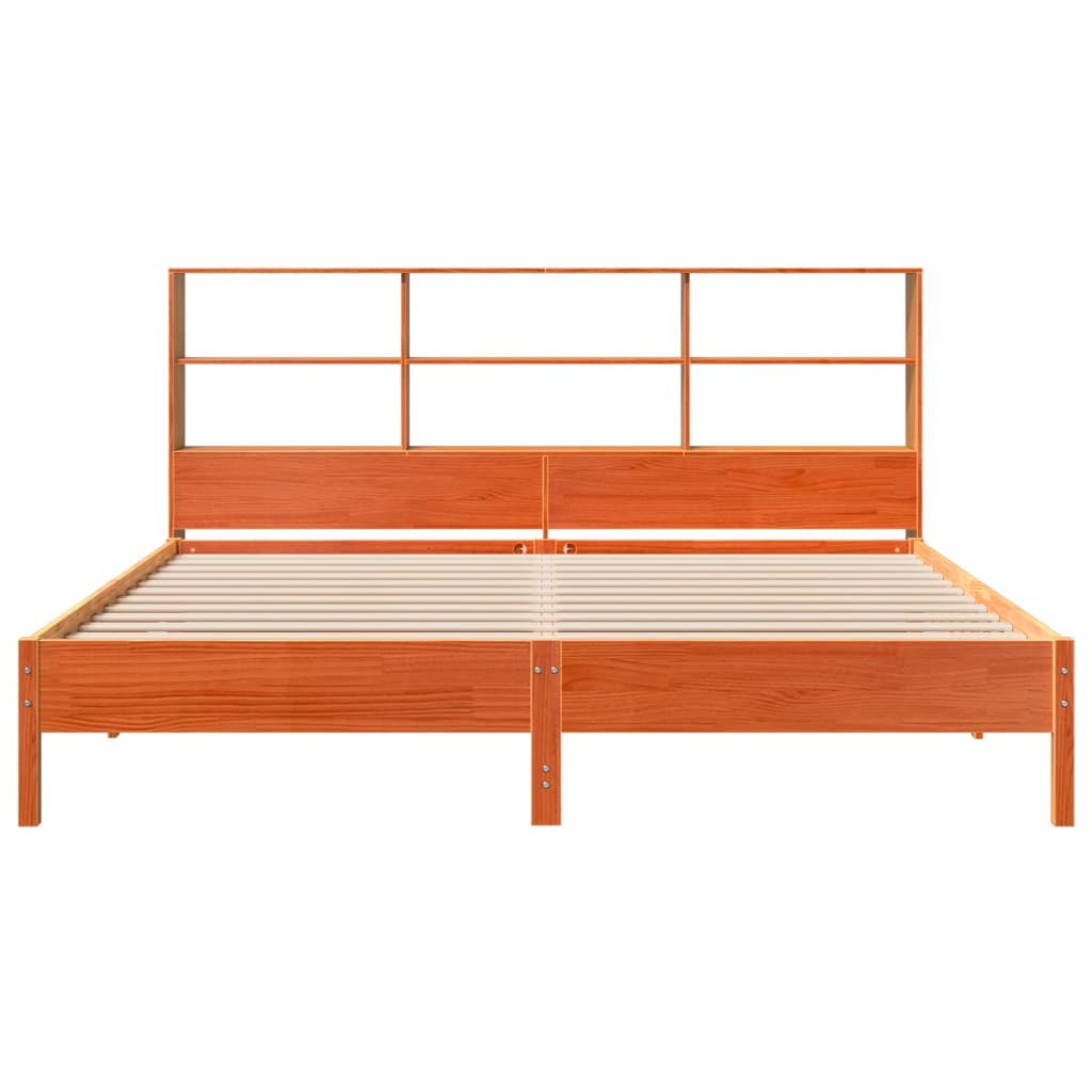 Bed Frame Bookcase Without Mattress 200X200Cm Solid Wood Pine wax brown natural