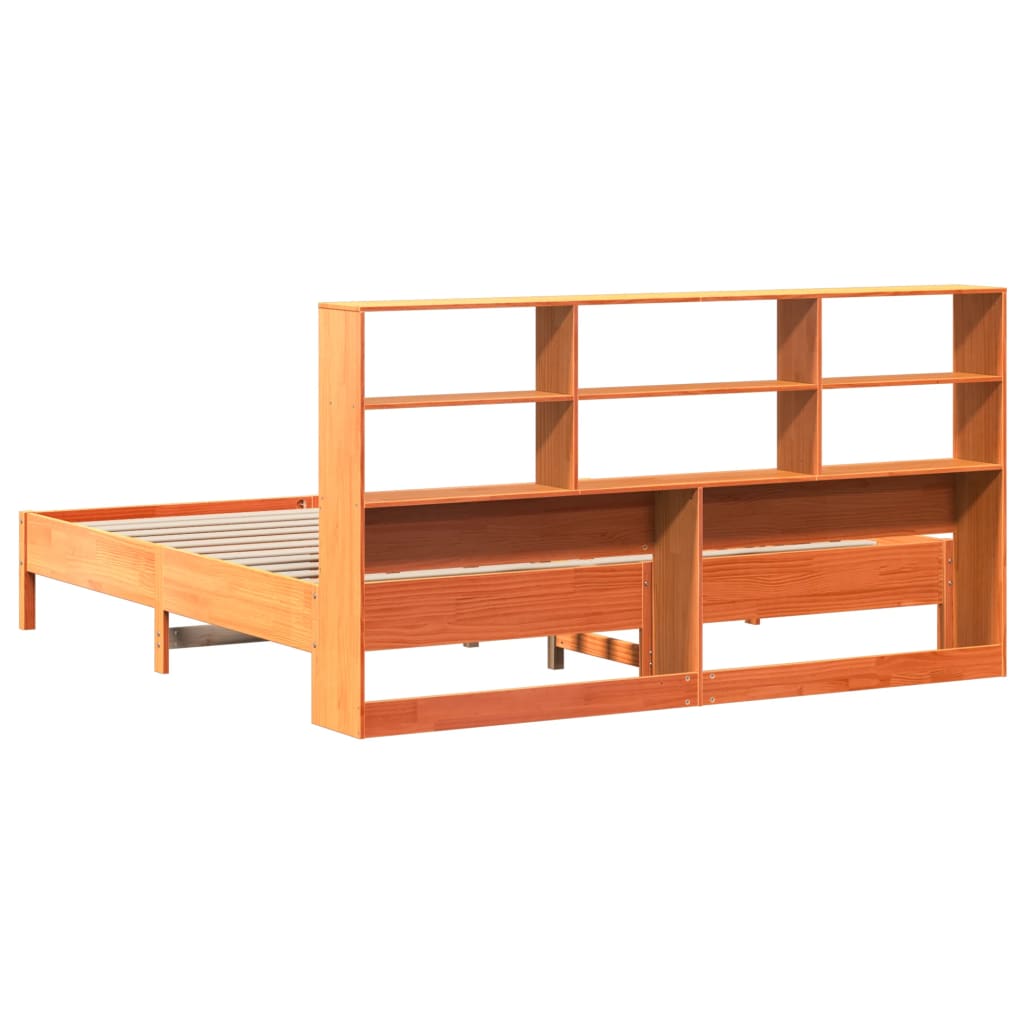 Bed Frame Bookcase Without Mattress 200X200Cm Solid Wood Pine wax brown natural