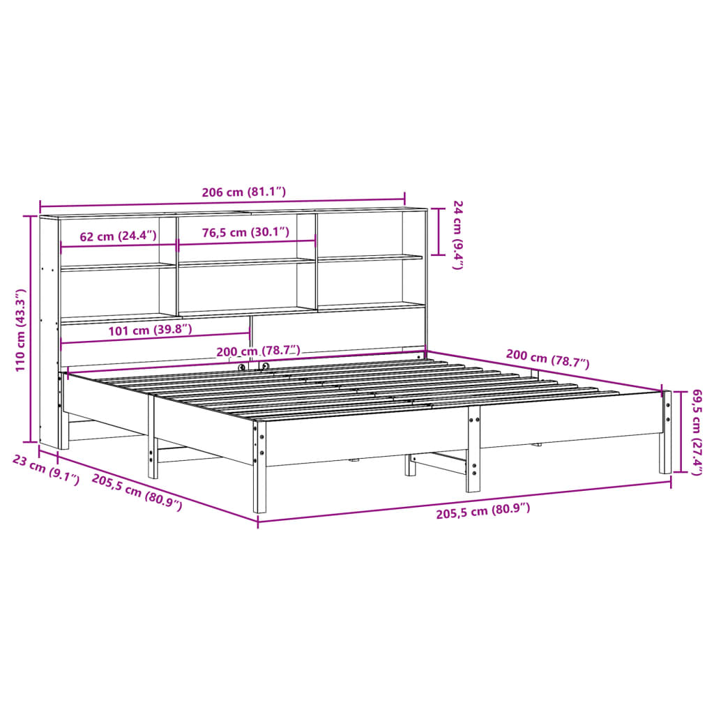 Bed Frame Bookcase Without Mattress 200X200Cm Solid Wood Pine wax brown natural