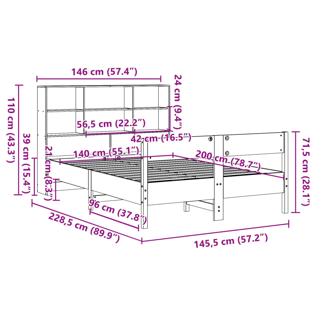Bookcase Bed Without Mattress 140X200Cm Solid Wood Pine