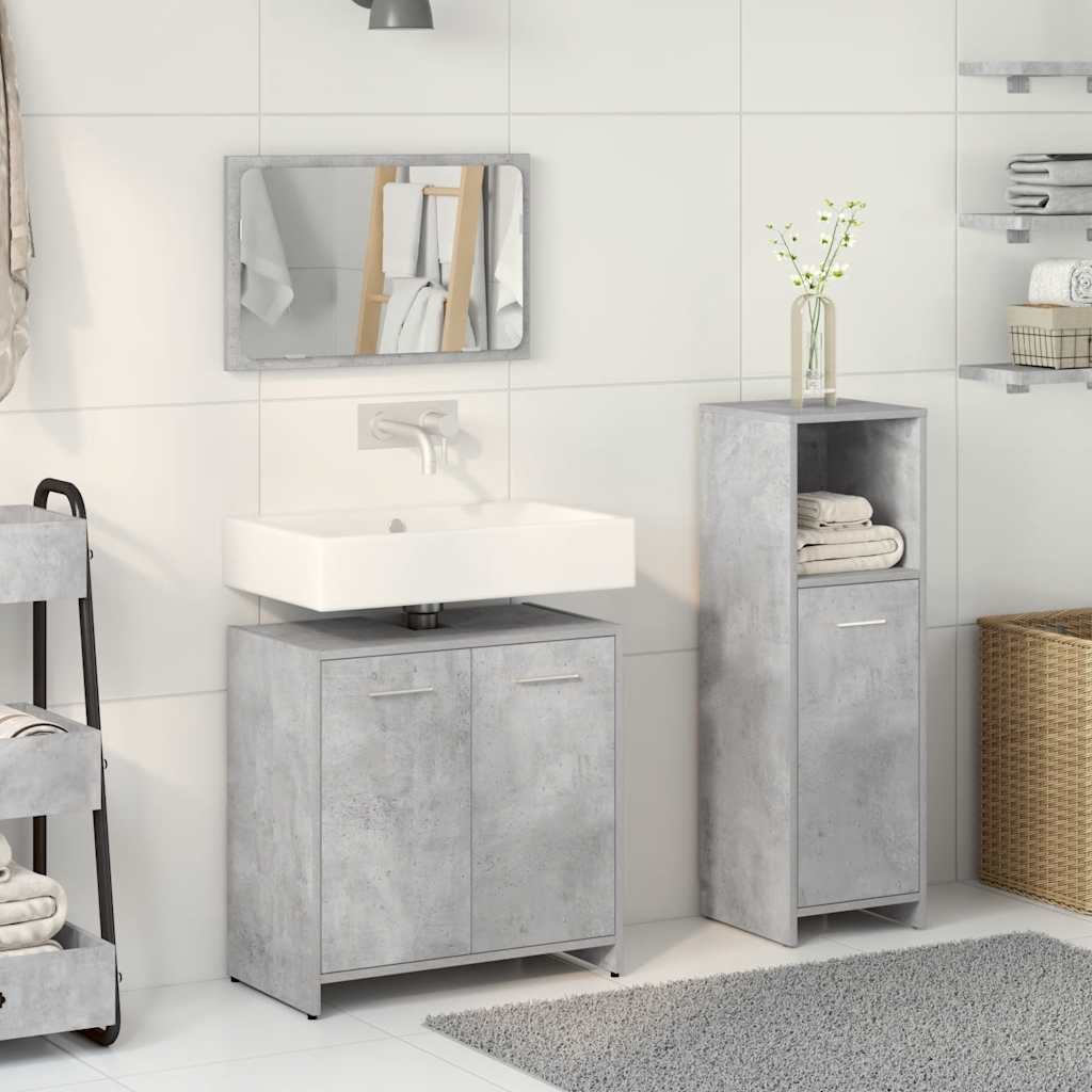 Bathroom Furniture Set 3 Piece Engineered Wood Concrete grey glass 60 cm