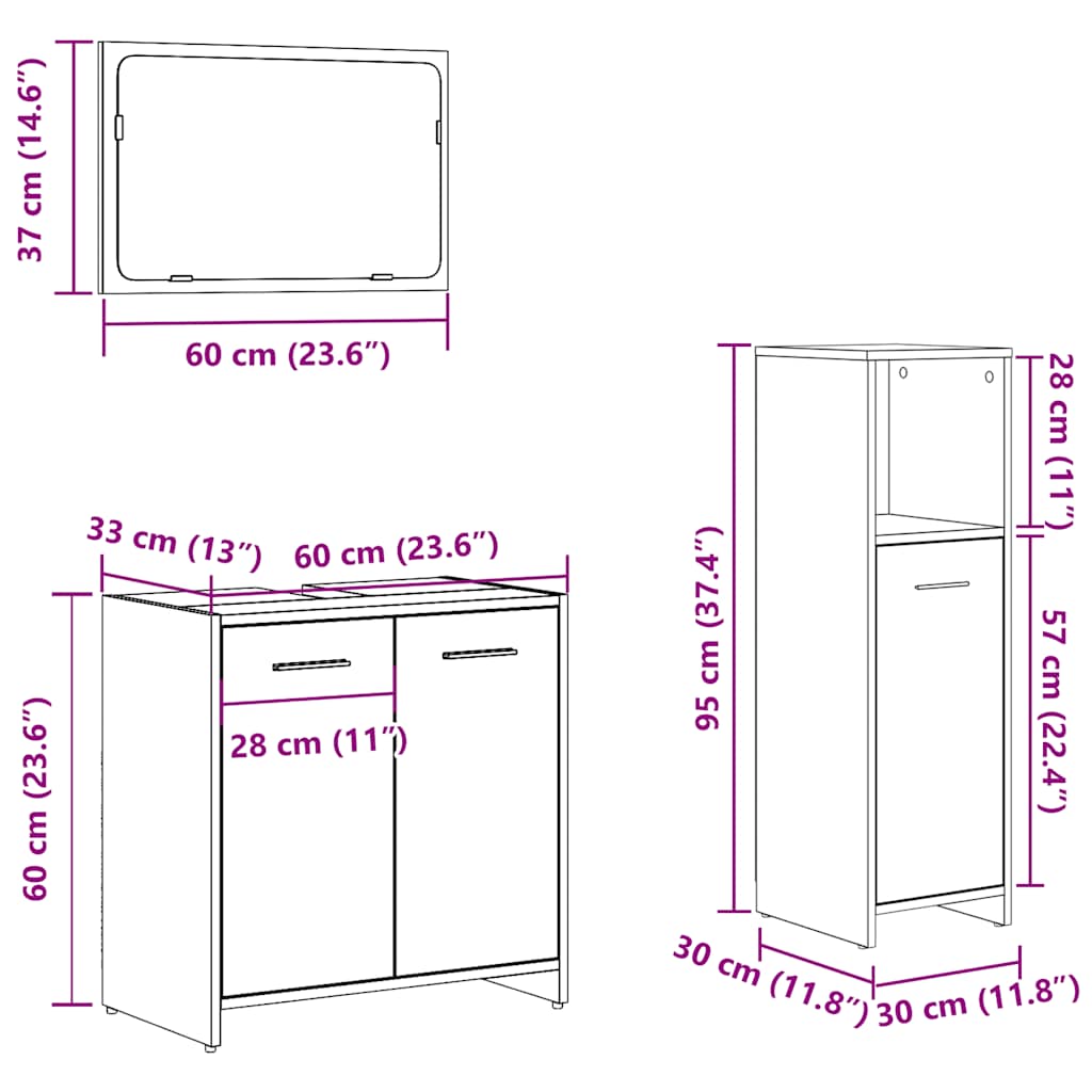 Bathroom Furniture Set 3 Piece Engineered Wood Concrete grey glass 60 cm