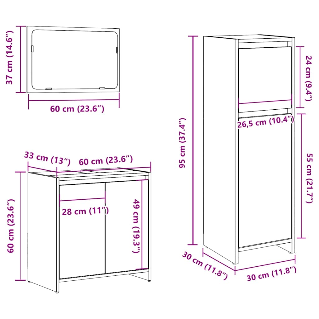 Bathroom Furniture Set 3 Piece Engineered Wood concrete grey sonoma oak glass 30