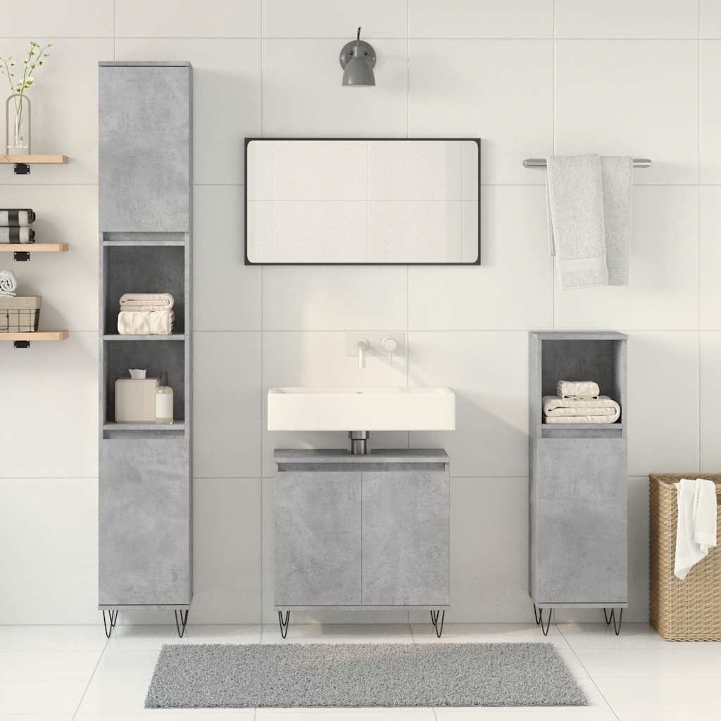 Bathroom Furniture Set 3 Piece Engineered Wood concrete grey sonoma oak iron LED