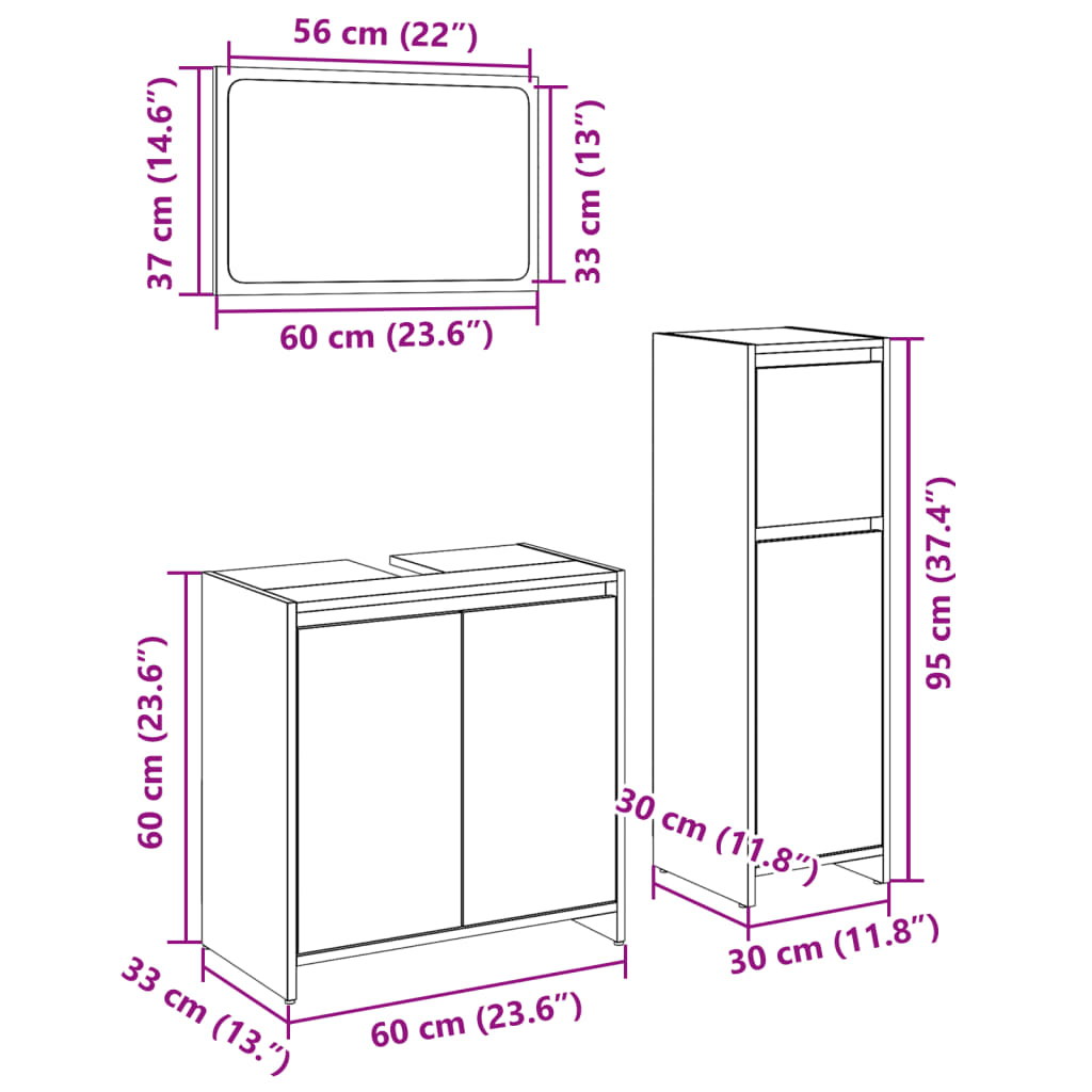 3 Piece Bathroom Furniture Set Engineered Wood