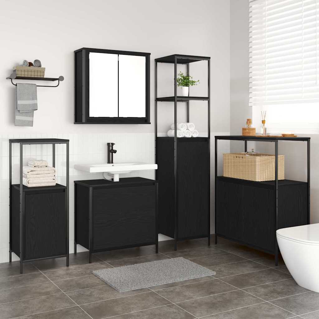 Bathroom Furniture Set Shelf 5 Pcs Black Engineered Wood