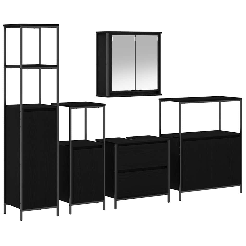 Bathroom Furniture Set Shelf 5 Pcs Black Engineered Wood