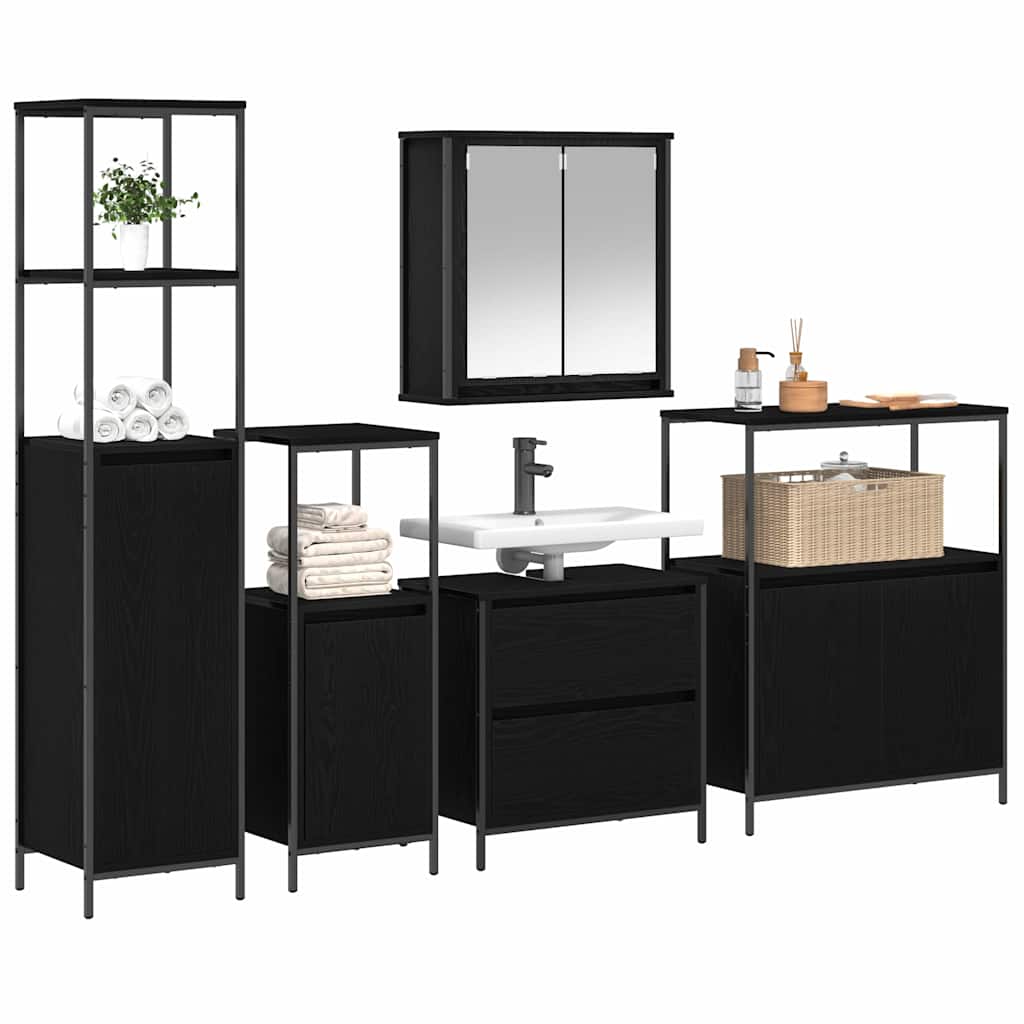Bathroom Furniture Set Shelf 5 Pcs Black Engineered Wood