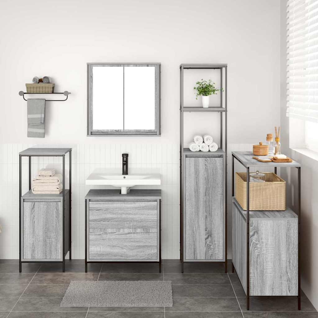 Bathroom Furniture Set With Shelf 5 Pcs Grey Engineered Wood