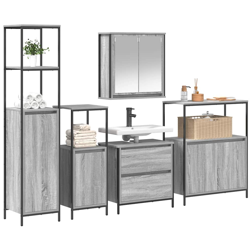 Bathroom Furniture Set With Shelf 5 Pcs Grey Engineered Wood