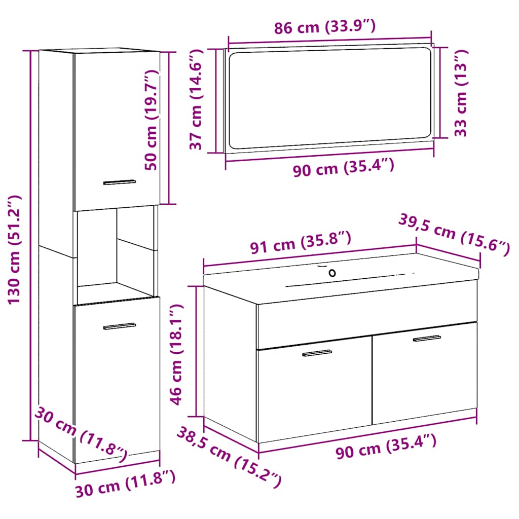 5 Piece Bathroom Furniture Set Engineered Wood