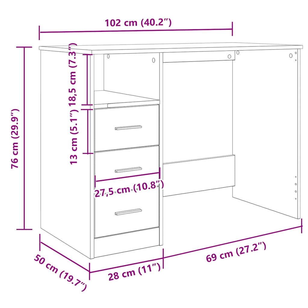 Desk With Drawers 102X50X76 Cm Engineered Wood