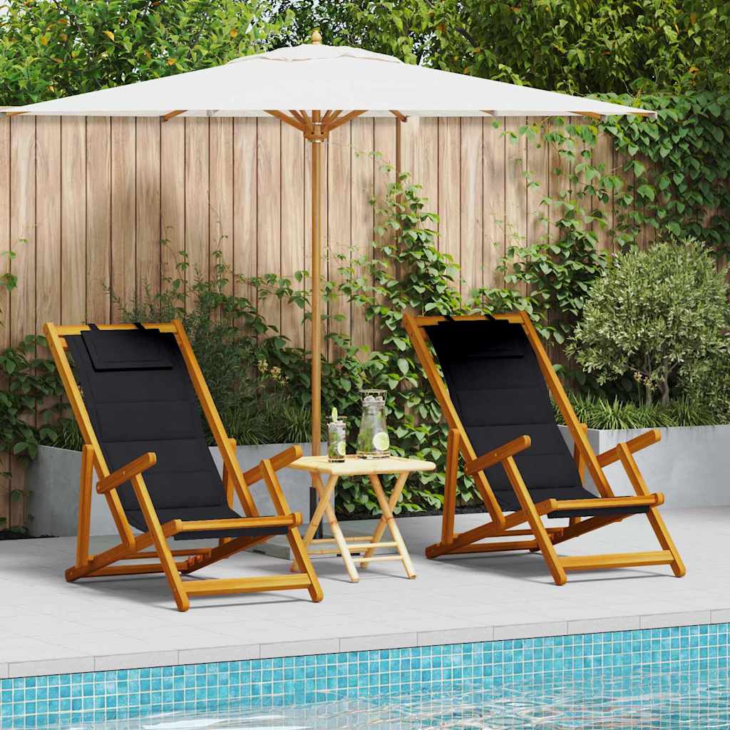 Outdoor Chair Beach Chairs Set Of 2 Folding Acacia Wood Garden Patio Cushion Bla