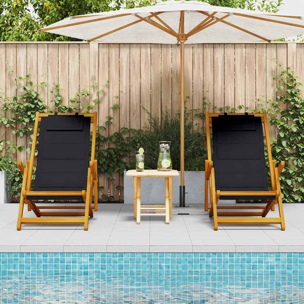 Outdoor Chair Beach Chairs Set Of 2 Folding Acacia Wood Garden Patio Cushion Bla