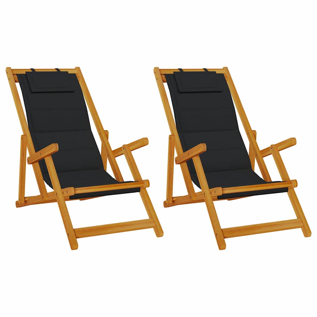 Outdoor Chair Beach Chairs Set Of 2 Folding Acacia Wood Garden Patio Cushion Bla