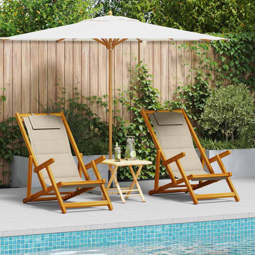 Beach Chair With Cushion Folding 2 Pcs Brown Solid Acacia Wood