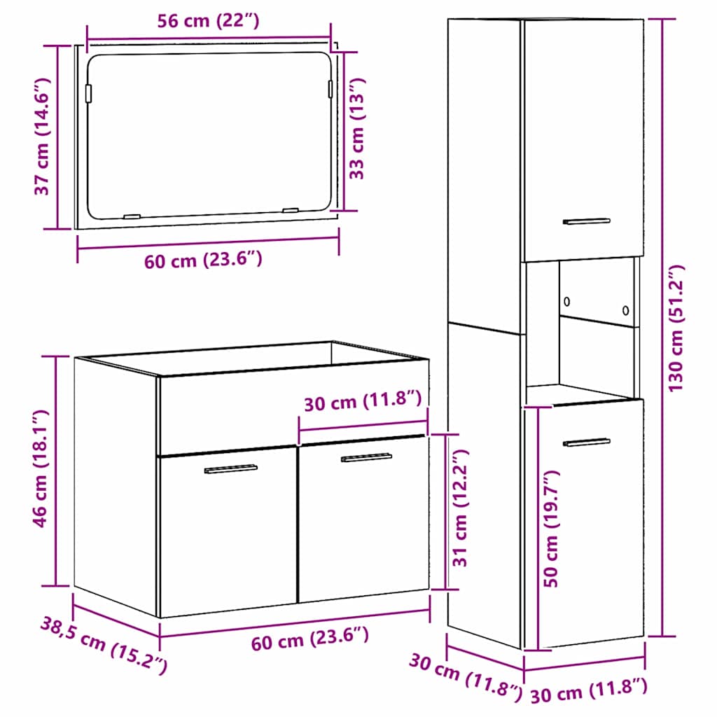 Bathroom Furniture Set With Door 3 Pcs Old Wood Engineered Wood