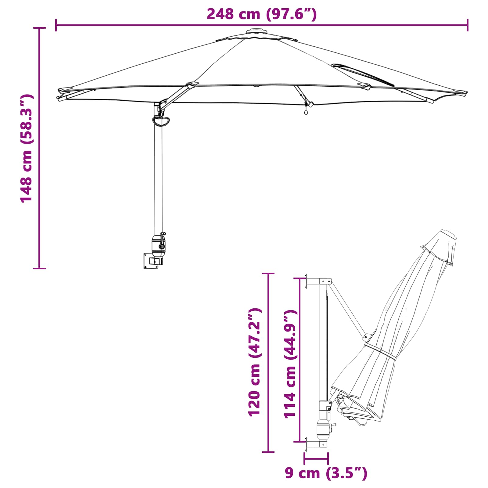 Garden Parasol 248 X 248 X 148 Cm Polyester And Steel