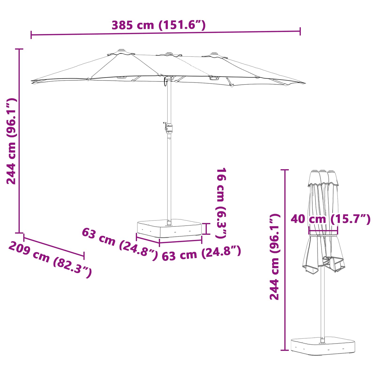 Garden Parasol 385 X 209 X 244 Cm Polyester