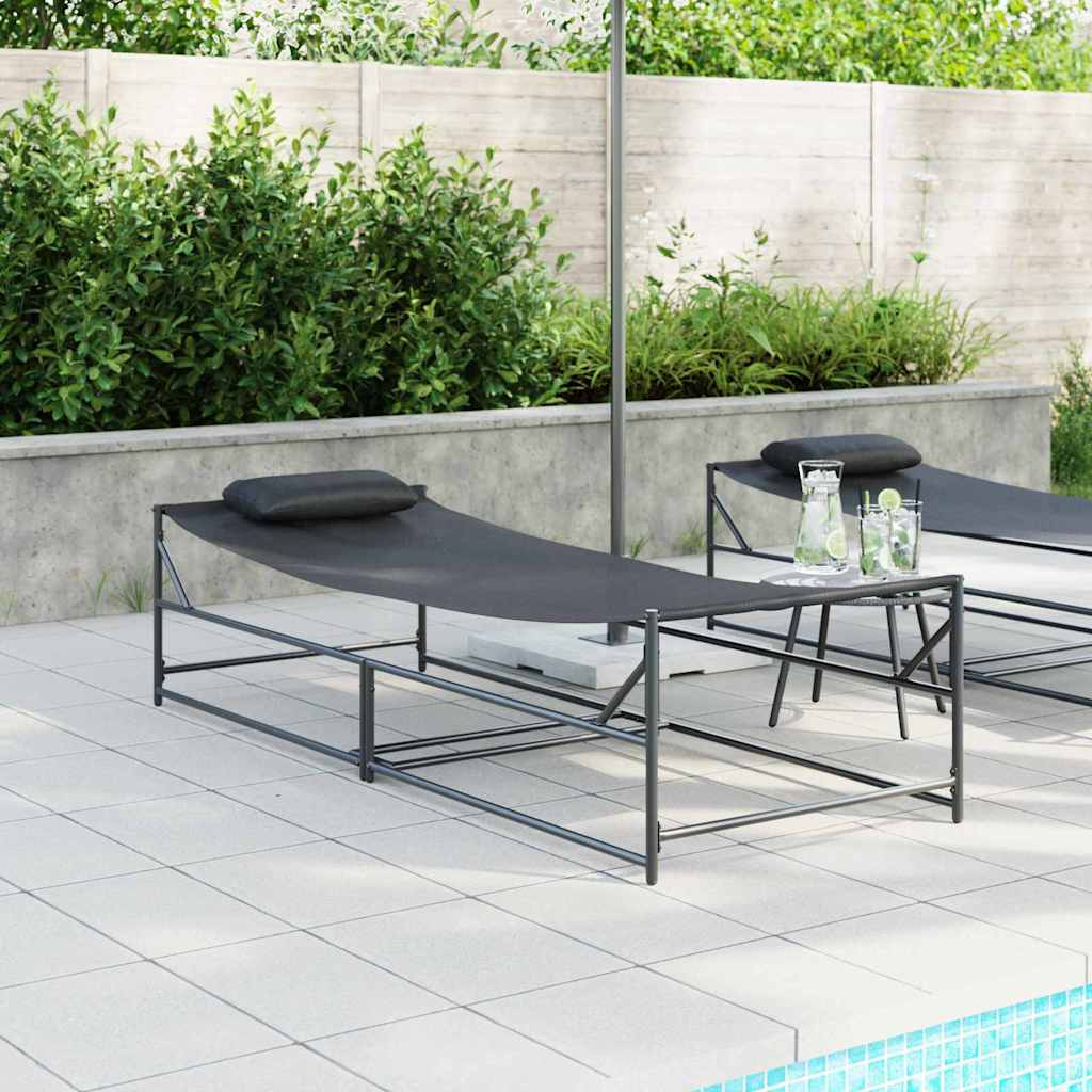 Garden Sunbed With Pillow 2 Pcs Black Powder-Coated Steel