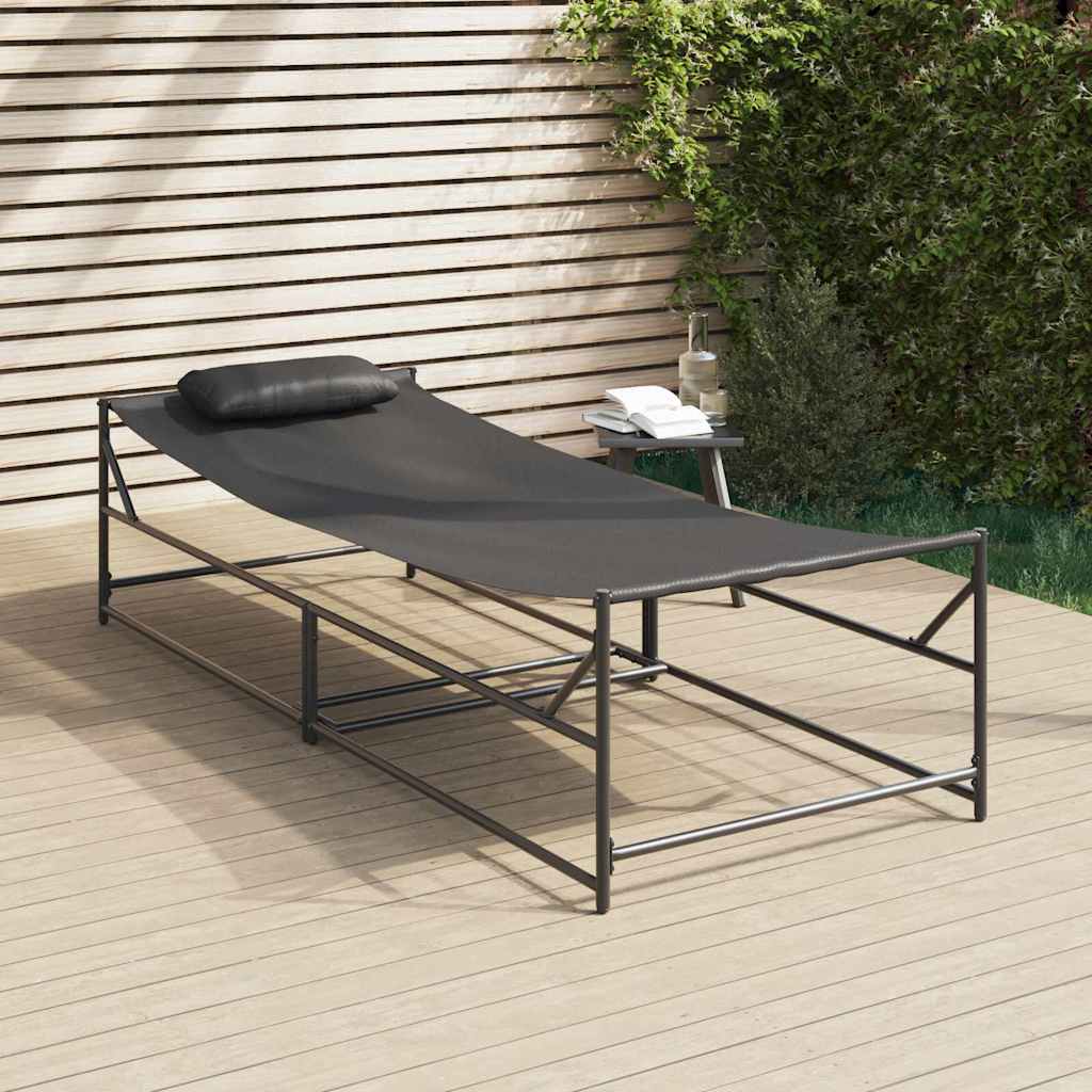 Garden Sunbed With Pillow 2 Pcs Black Powder-Coated Steel