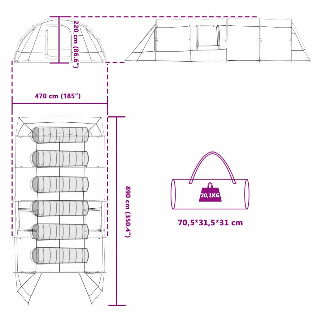 Tunnel Tent 6-Person With Roof And Grey 890 X 470 X 220 Cm