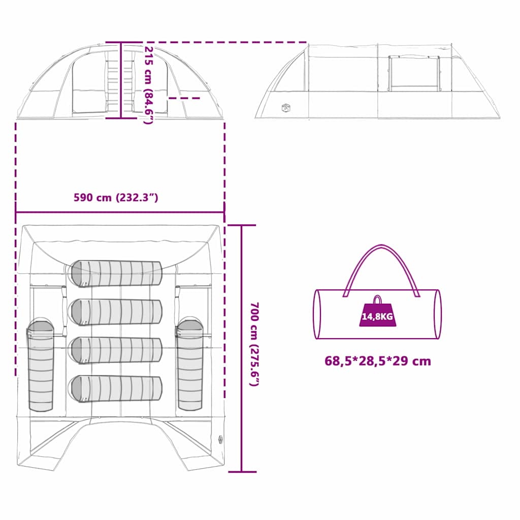 Tunnel Tent 6-Person And White 700 X 590 X 215 Cm