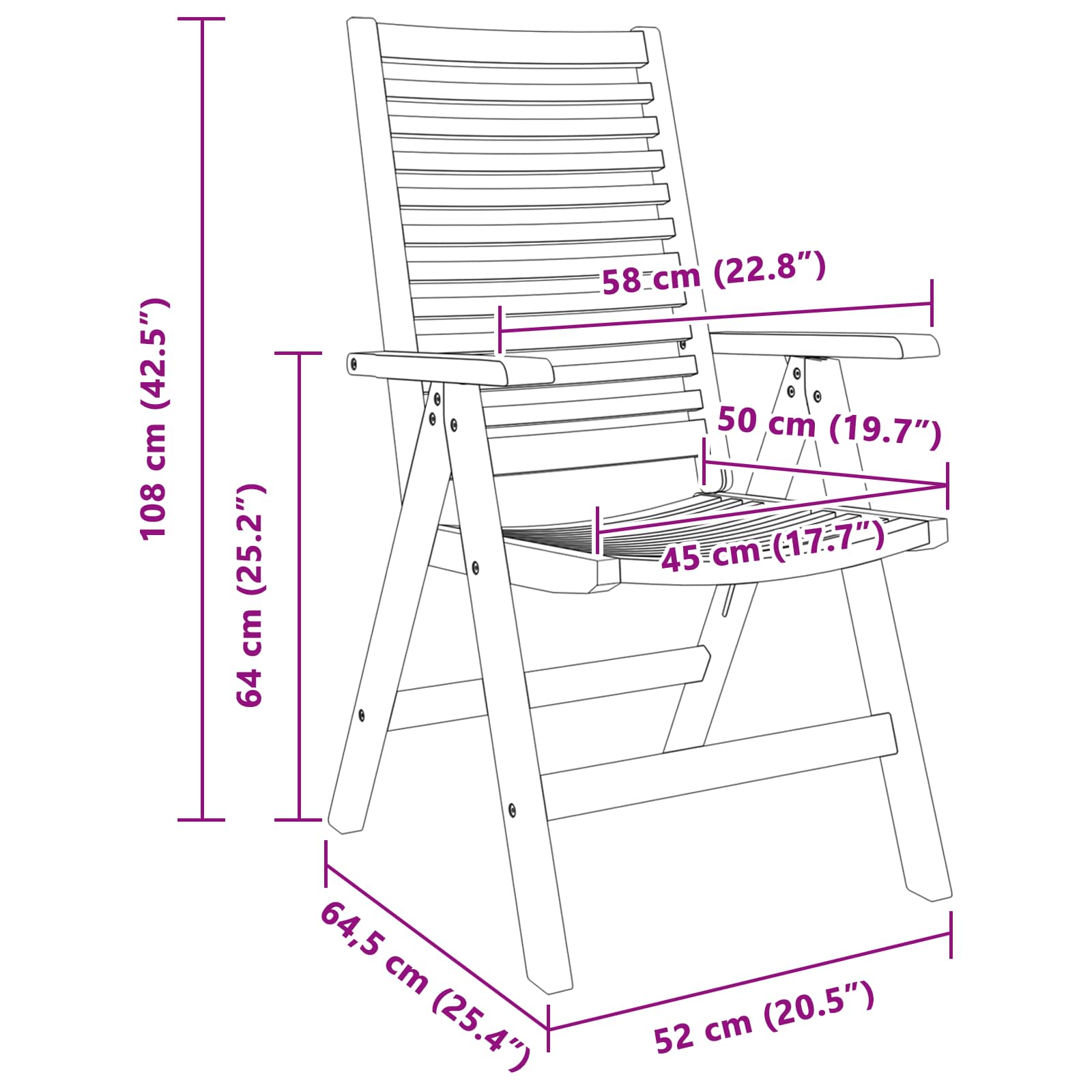 Chair Folding 2 Pcs Brown 64.5 X 52 X 108 Cm Solid Teak Wood