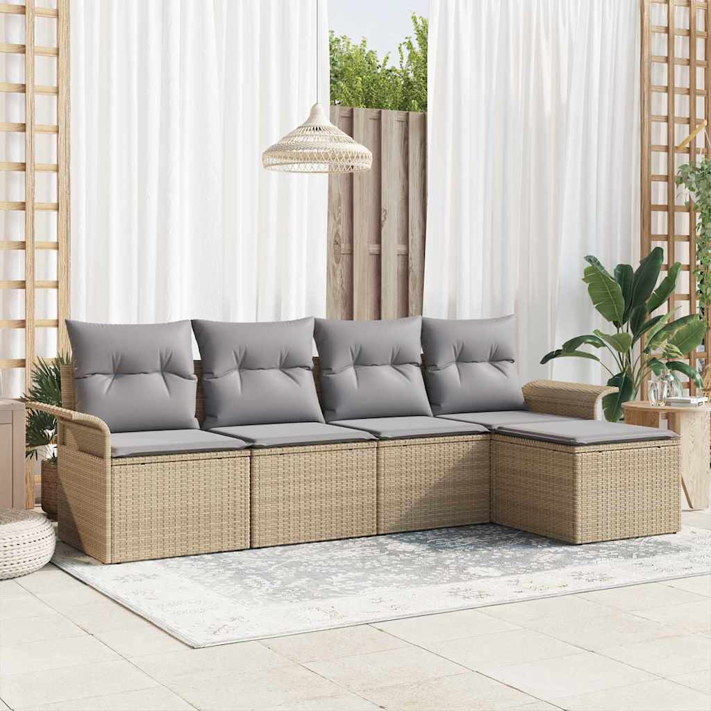 Outdoor Sofa With Cushion 5 Pcs Beige Poly Rattan
