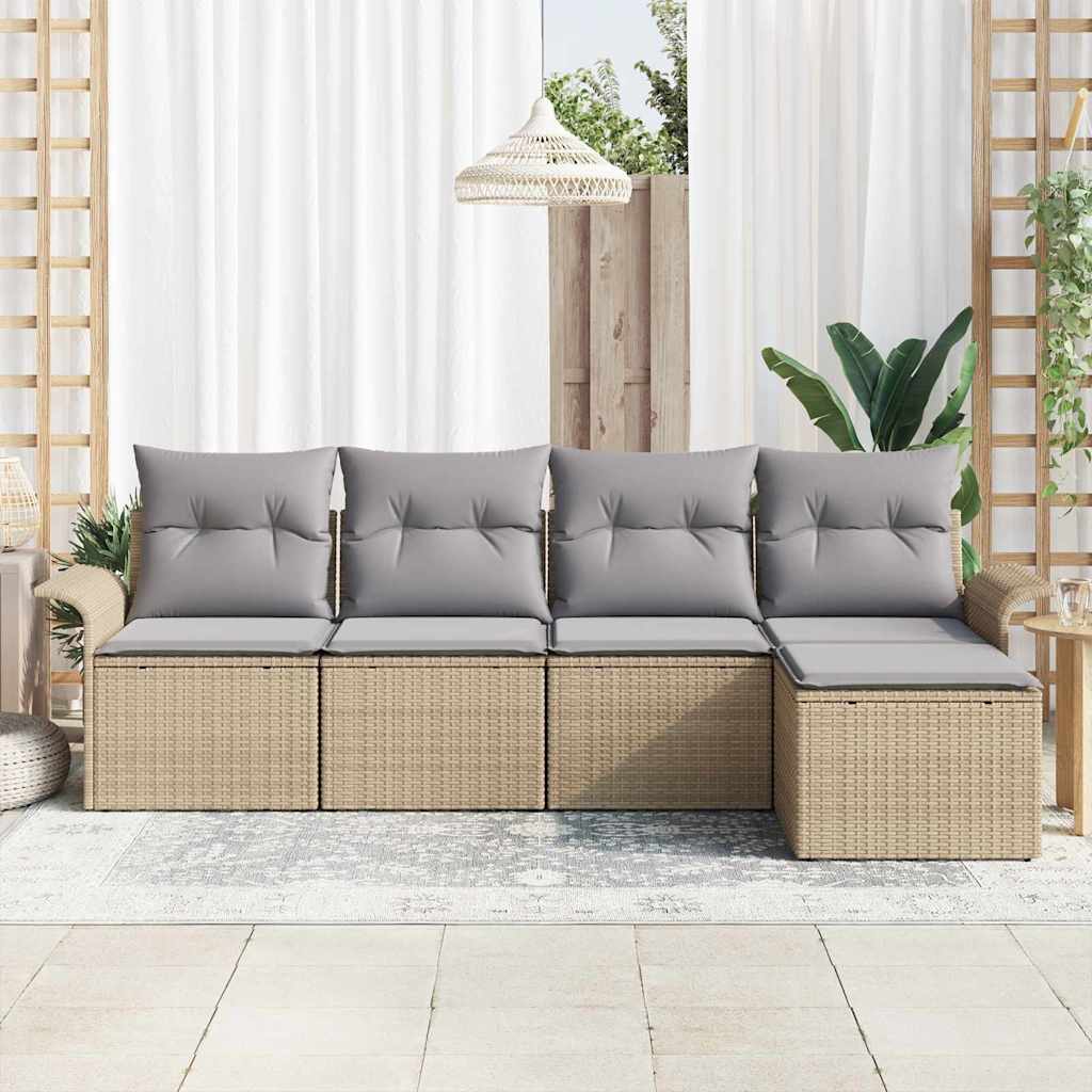 Outdoor Sofa With Cushion 5 Pcs Beige Poly Rattan