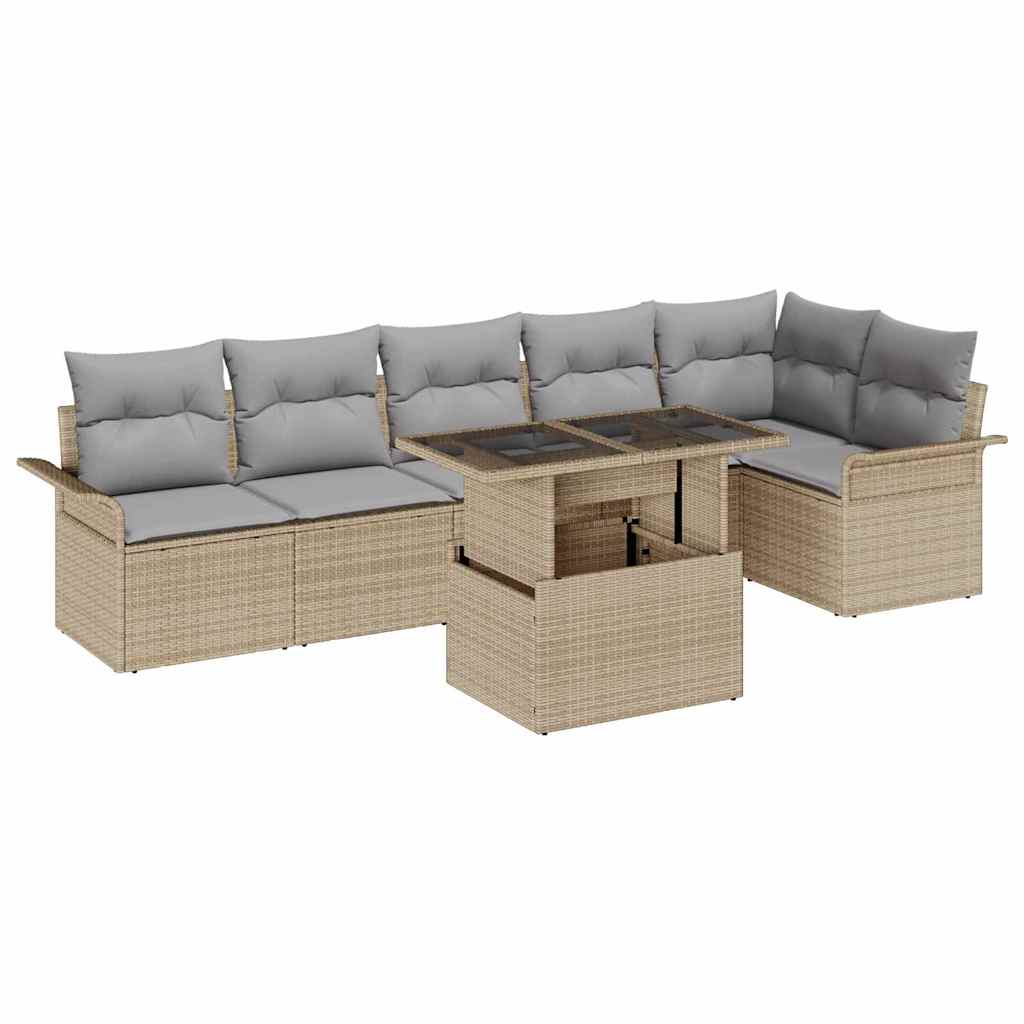 Garden Sofa Set With Cushion 7 Pcs Beige Poly Rattan