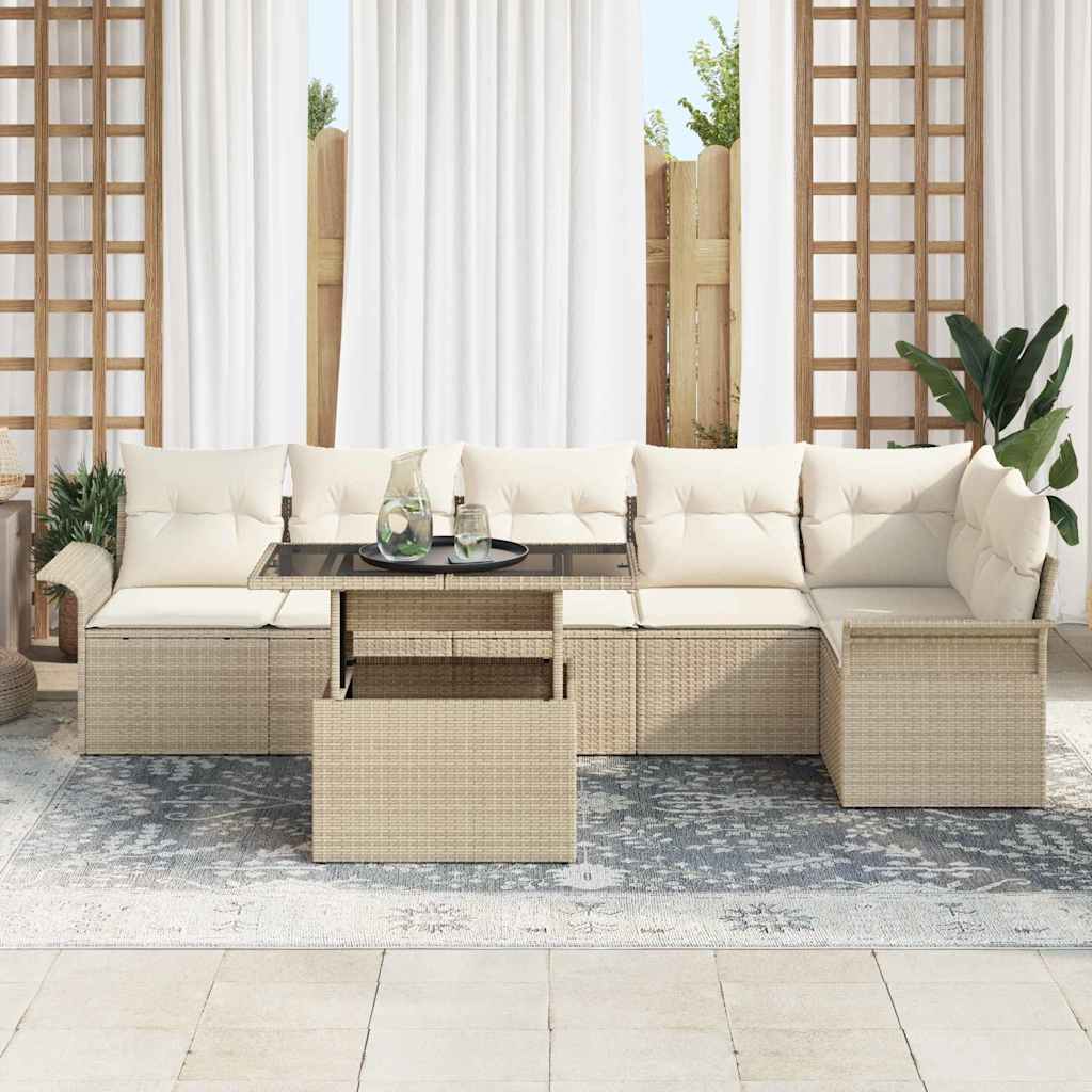 Garden Sofa Set With Cushion 7 Pcs Beige Poly Rattan