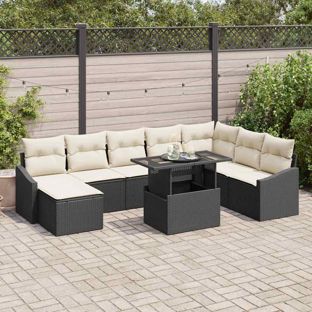 Sofa Set With Cushion 9 Pcs Black And Cream Poly Rattan