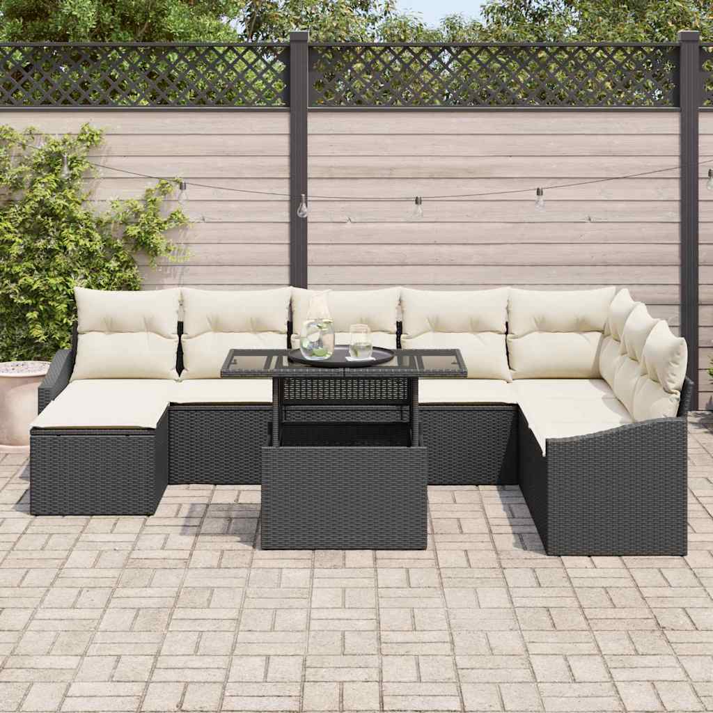 Sofa Set With Cushion 9 Pcs Black And Cream Poly Rattan