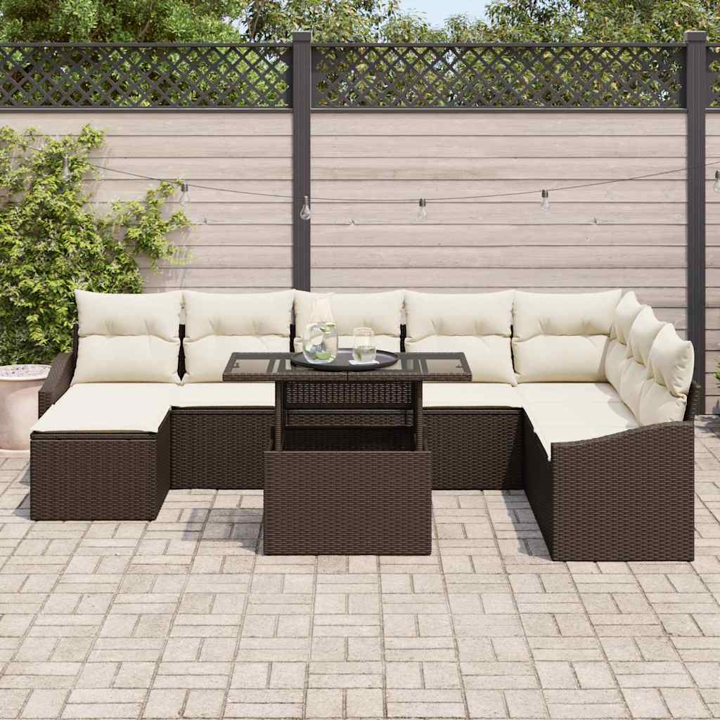 Sofa Set With Cushion 9 Pcs Brown And Cream Poly Rattan