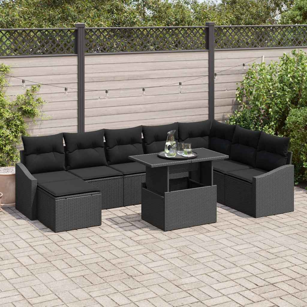 Sofa Set With Cushion With Storage 9 Pcs Black Poly Rattan