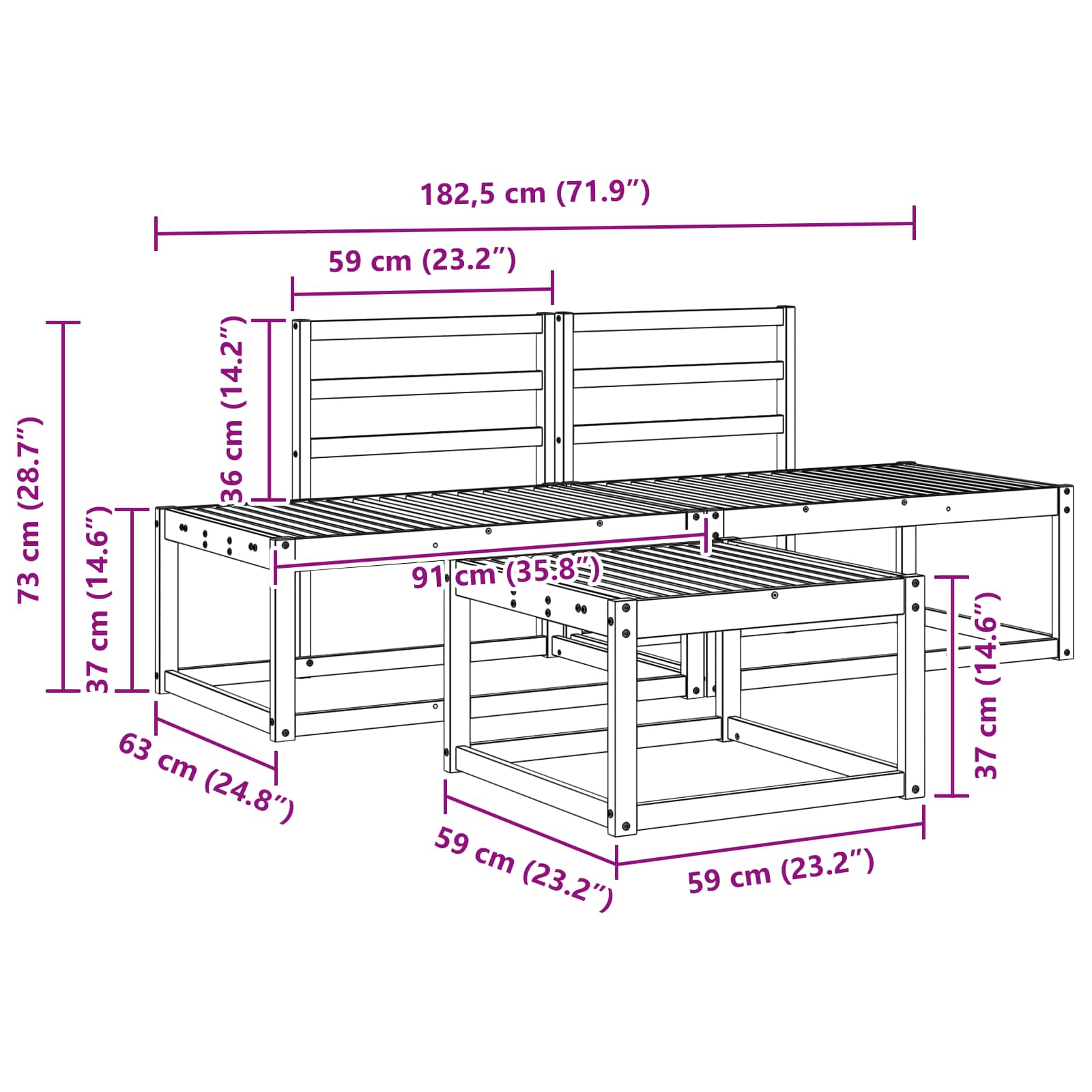 Outdoor Sofa Set 3 Pcs Solid Acacia Wood