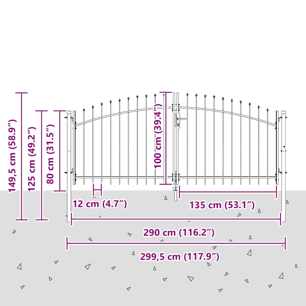 Garden Gate Black Double 300Cm Steel Spear Top Driveway Fence Lockable Grey LED