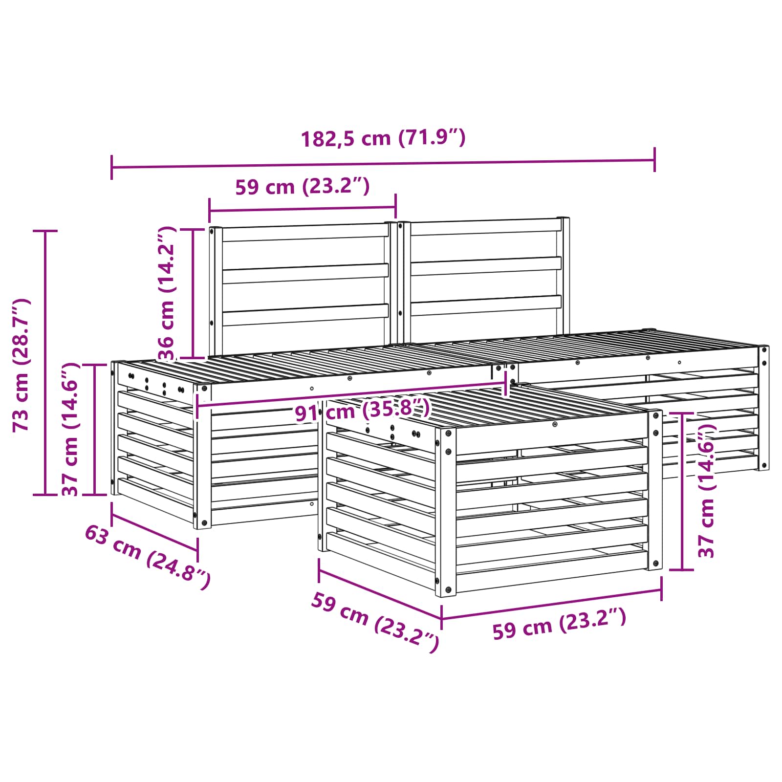 Outdoor Sofa Set 59 X 59 X 37 Cm Solid Acacia Wood